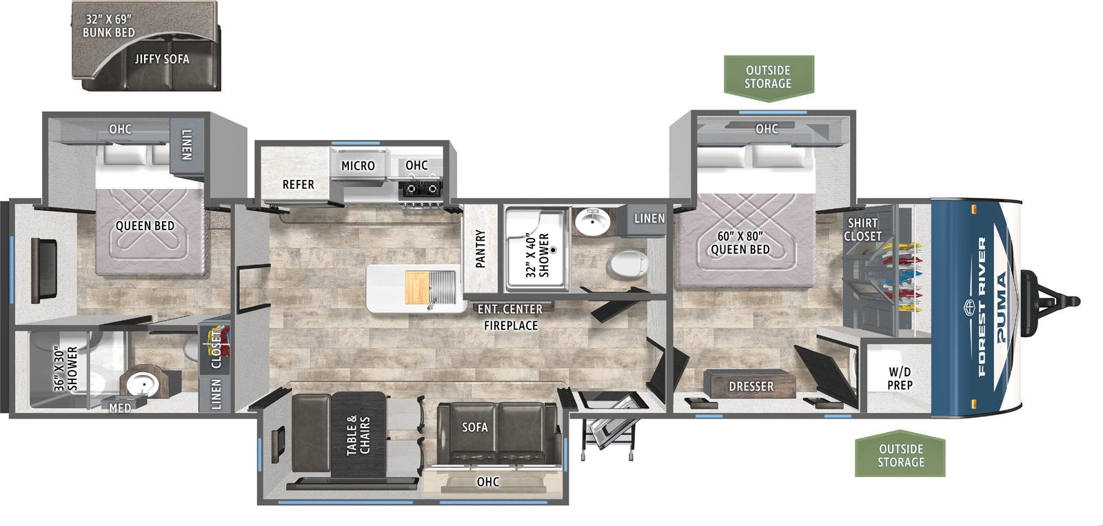 The Puma 340DB floorplan has one entry and four slide outs. Exterior features include: metal exterior and 21' awning. Interiors features include: bunk beds, front bedroom, rear bedroom, two bedrooms and two full bathrooms.